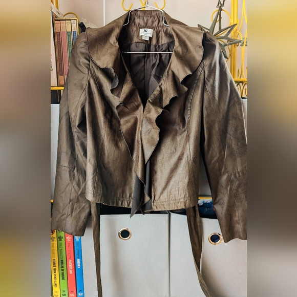 Brown Faux Leather Belted Jacket - Picture 2 of 9